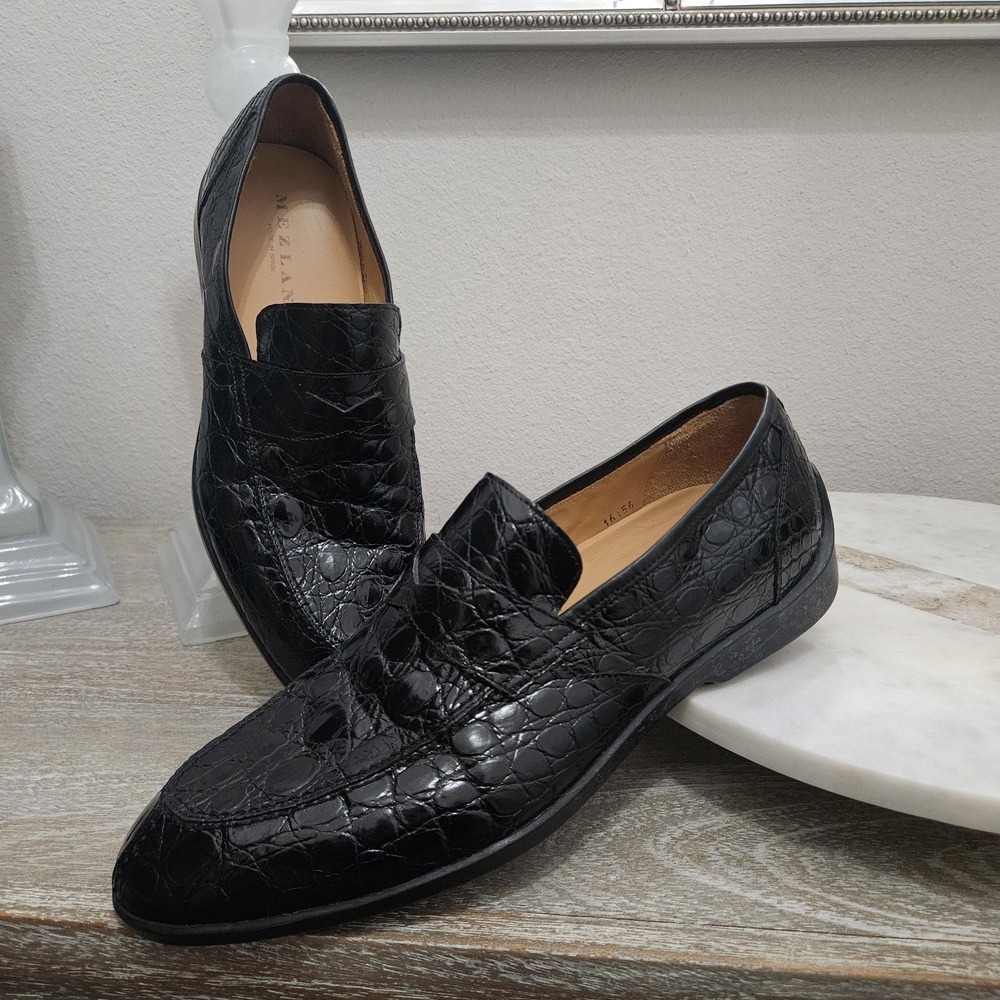 MEZLAN Exotic Black Genuine Crocodile Loafers 10M Made In Spain